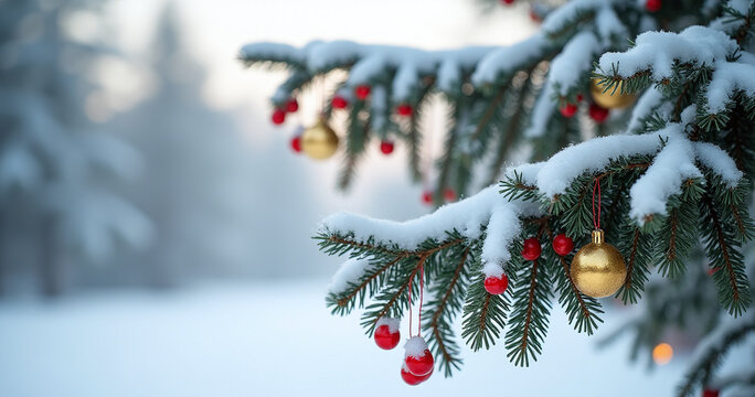 Snowy fir tree branches adorned with golden decorations and bright red berries against a serene winter landscape