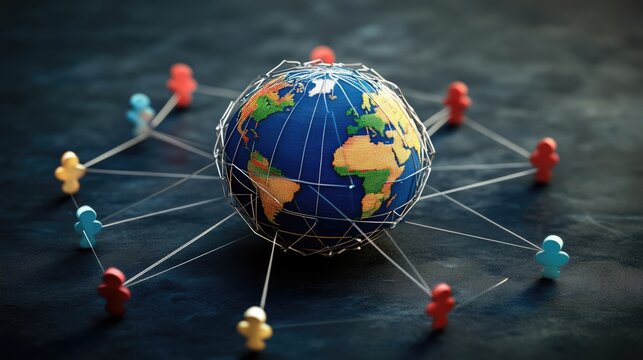 Social media network connection, people icons by planet earth globe. Global internet technology and online data exchange