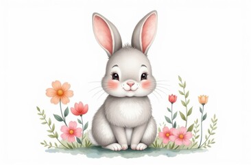 Fototapeta premium Cute Bunny Sitting Among Pastel Flowers in Watercolor Illustration on White Background