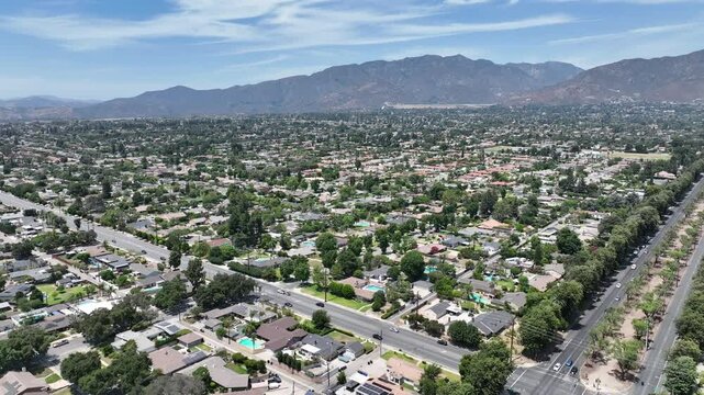 Aerial view of Upland city in San Bernardino County, California, on the border with neighboring Los Angeles County. 