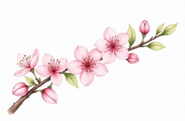 Obraz premium Blooming Cherry Blossom Branch with Pink Petals and Green Leaves on White Background