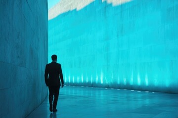 A professional man in a suit walks down a hallway, possibly heading to a meeting or conference