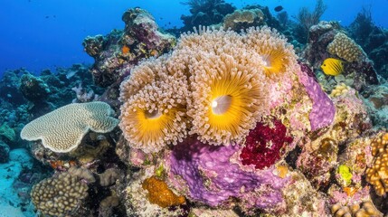 Obraz premium Vibrant coral reef teeming with marine life and colorful anemones.
