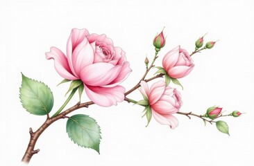 Fototapeta premium Watercolor Blooming Rose Branch with Light Petals and Green Leaves on White Background