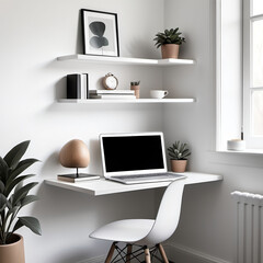 Minimalist Corner Workspace – A compact desk setup with a single floating shelf and minimal decor, designed for a quiet corner of the home, set against a white background.