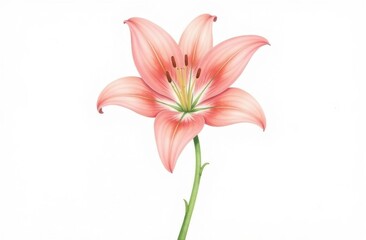 Watercolor Lily with Pink and Red Petals and Green Stem on White Background