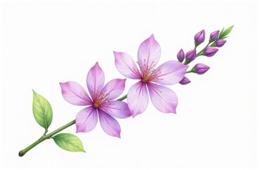 Obraz premium Watercolor Blooming Purple Blossom Branch with Light Petals and Green Leaves on White Background