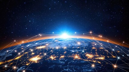 Global social media network connection on planet earth map. Internet technology and online information data exchange