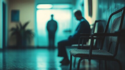 Silhouettes in a dimly lit hallway create an eerie atmosphere. The teal-tinted lighting casts long shadows, evoking a sense of mystery and isolation in this indoor setting.