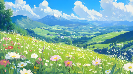 Fototapeta premium A picturesque view of a valley with mountains in the background and a lush green meadow filled with flowers in the foreground.