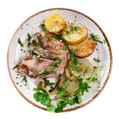 Delicious sliced leg of lamb with potatoes, onions and dill. Isolated over white background