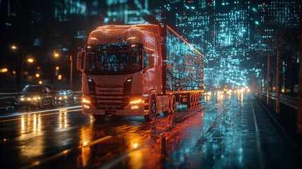 Fototapeta premium Holographic AI fleet managers directing autonomous trucks in a vibrant city at night