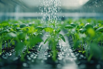 A gardener waters a plant in a controlled environment greenhouse
