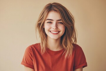 Fototapeta premium A woman wearing a bright red shirt smiles directly into the camera