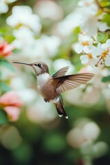 Fototapeta premium Hummingbird in flight with white flowers.