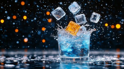 Ice Cubes Splashing into Glass of Water with Bokeh Background
