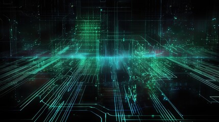 Futuristic Digital Grid with Vibrant Green Lights
