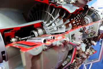 Closeup of the of a turboprop engine exhibited at an exhibition of military and civil technology