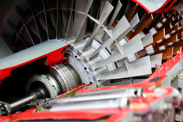 Closeup of the of a turboprop engine exhibited at an exhibition of military and civil technology