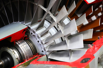 Closeup of the of a turboprop engine exhibited at an exhibition of military and civil technology