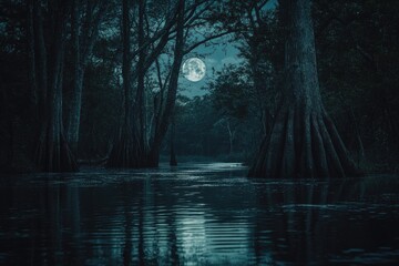 Fototapeta premium A serene scene of a swamp at night with the full moon shining through the trees