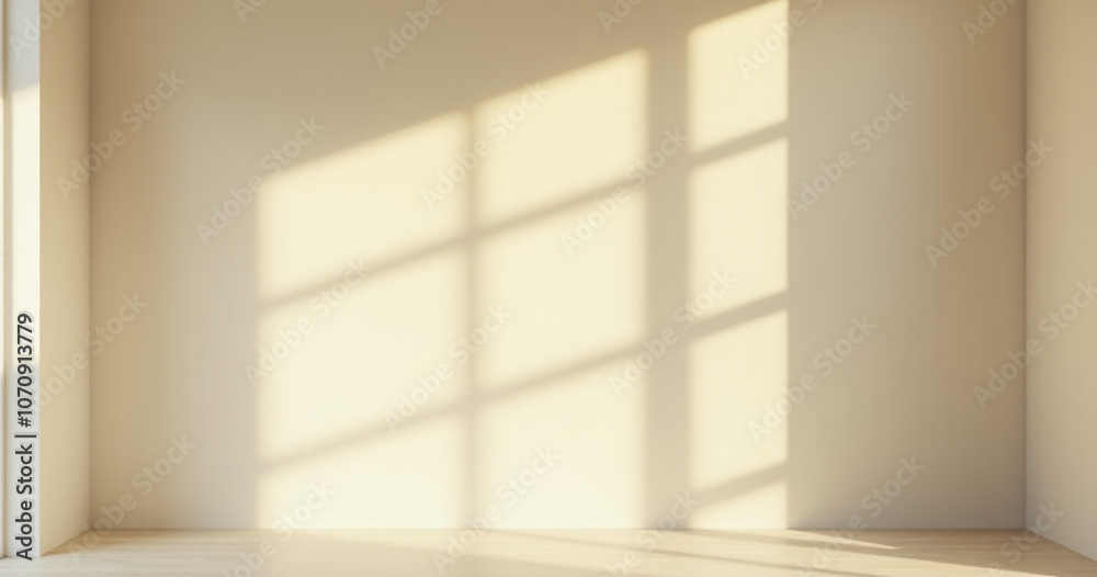 Poster Soft light casts long shadows from a window on a beige wall with sun rays filtering into an empty minimalist room