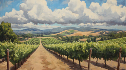 Fototapeta premium A picturesque view of rolling hills, vineyards, and a dirt path leading into the distance under a bright blue sky.