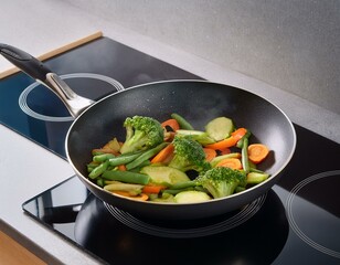 l&eacute;gumes en cuisson avec une poele dans une cuisine en ia