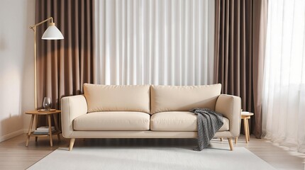 Modern Minimalist Living Room Interior Design with Cream Sofa and Wooden Floor