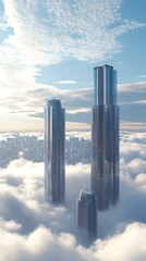 Fototapeta premium Skyscrapers in the clouds, cityscape, skyline, white background, futuristic architecture, city of the future