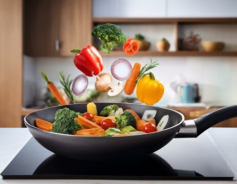 l&eacute;gumes en cuisson avec une poele dans une cuisine en ia