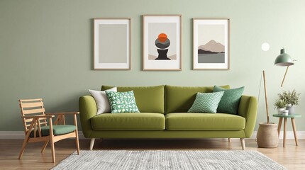 Modern Living Room Interior Design with Green Sofa and Minimalist Decor