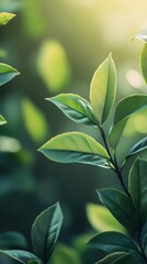 Fototapeta premium Sunlit green leaves thriving in a serene garden during a peaceful afternoon