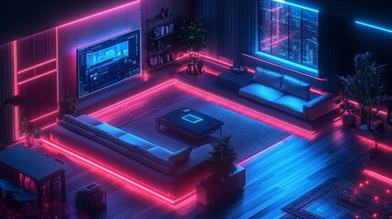 Obraz premium Holographic AI productivity coaches assist in a futuristic workspace with neon lighting at night