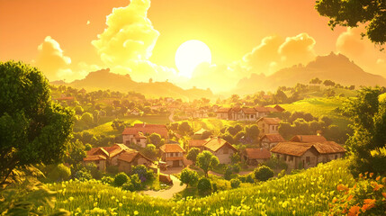 Naklejka premium A picturesque village nestled among rolling hills at sunset, bathed in golden light.