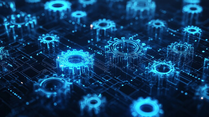 Fototapeta premium Abstract Glowing Blue Gears on Circuit Board Technology Concept