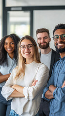 Group of young professionals are smiling with their arms crossed in a modern office
