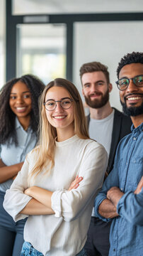 Group of young professionals are smiling with their arms crossed in a modern office