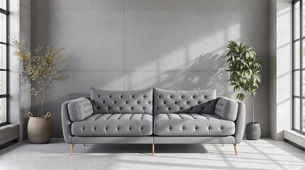 Modern Living Room Interior Design with Grey Sofa and Large Windows