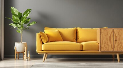 Fototapeta premium Modern Living Room with Yellow Sofa and Minimalist Decor