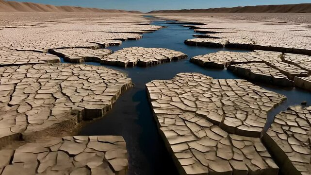 Dried Cracked Riverbed Indicating Severe Drought

