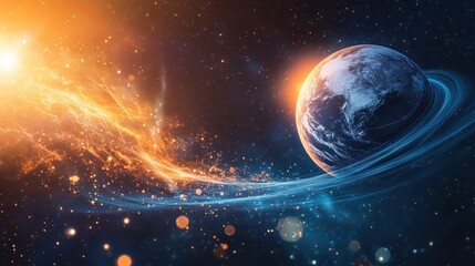 Obraz premium Vibrant Cosmic Planet with Fiery and Icy Light Trails - Abstract Space Concept with Celestial Elements
