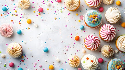 Fototapeta premium Colorful cupcakes with swirled frosting and sprinkles on a light background. Overhead view of decorated cupcakes for party themes and celebrations. Design for bakery menus and festive occasions