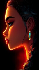 Closeup of a mysterious woman in red lighting, side profile with a haunting gaze, shadows casting on her face, intense and cinematic mood