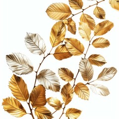 Fototapeta premium Golden and silver leaves branch growing on white background representing luxury and elegance