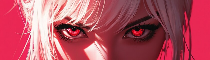 A striking close-up of a character with white hair and intense red eyes, set against a vibrant pink background.