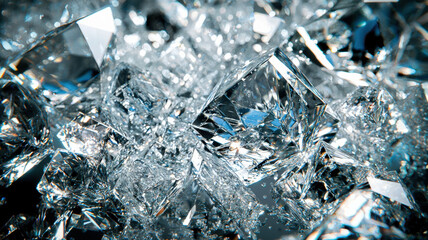 A stunning 3D effect with shattered diamond-like ice shards in clear and blue hues, reflecting light in multiple directions, creating a glamorous, crystalline look