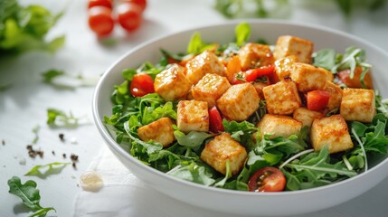 Healthy dish of tofu and mixed vegetables in a white ceramic bowl