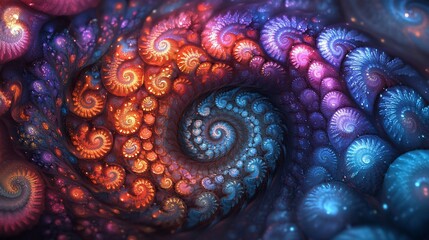 Abstract colorful fractal pattern with swirling spiral and glowing light dots.