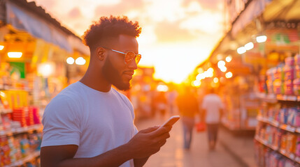 Fototapeta premium A young man in sunglasses checks his phone while walking through a crowded marketplace.